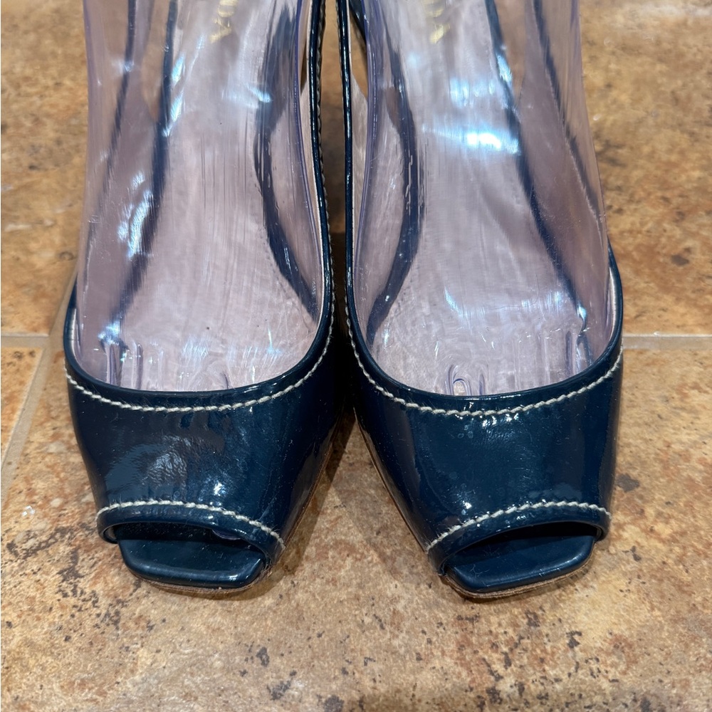 Prada Black‎ Patent Leather Peep Toe Espadrille Wedge Pumps Size 37 - Picture 5 of 14